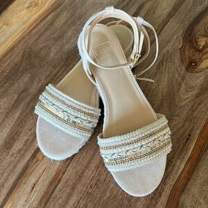 Kaari Blue Espadrille Wedge Sandal platform Jute TAN strap pearl sequins SZ 9